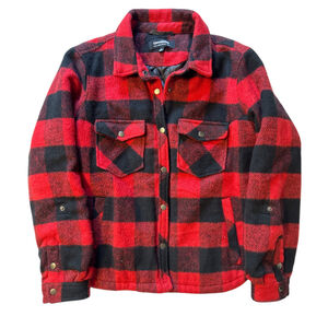 CoffeeShop Trucker Jacket Plaid Flannel Men’s Size L Red and Black